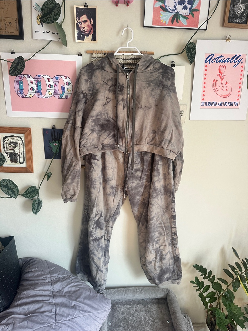 Fashion Nova Tie-Dye Hooded Sweatpants Set - Taupe/Gray